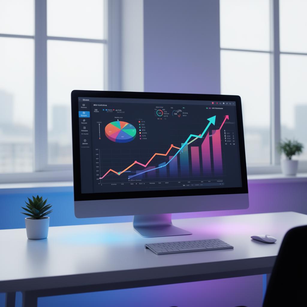 Modern digital marketing workspace with analytics dashboards showing business growth